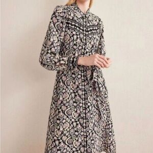 Boden Black and White Floral Long Sleeve Midi Dress 8p